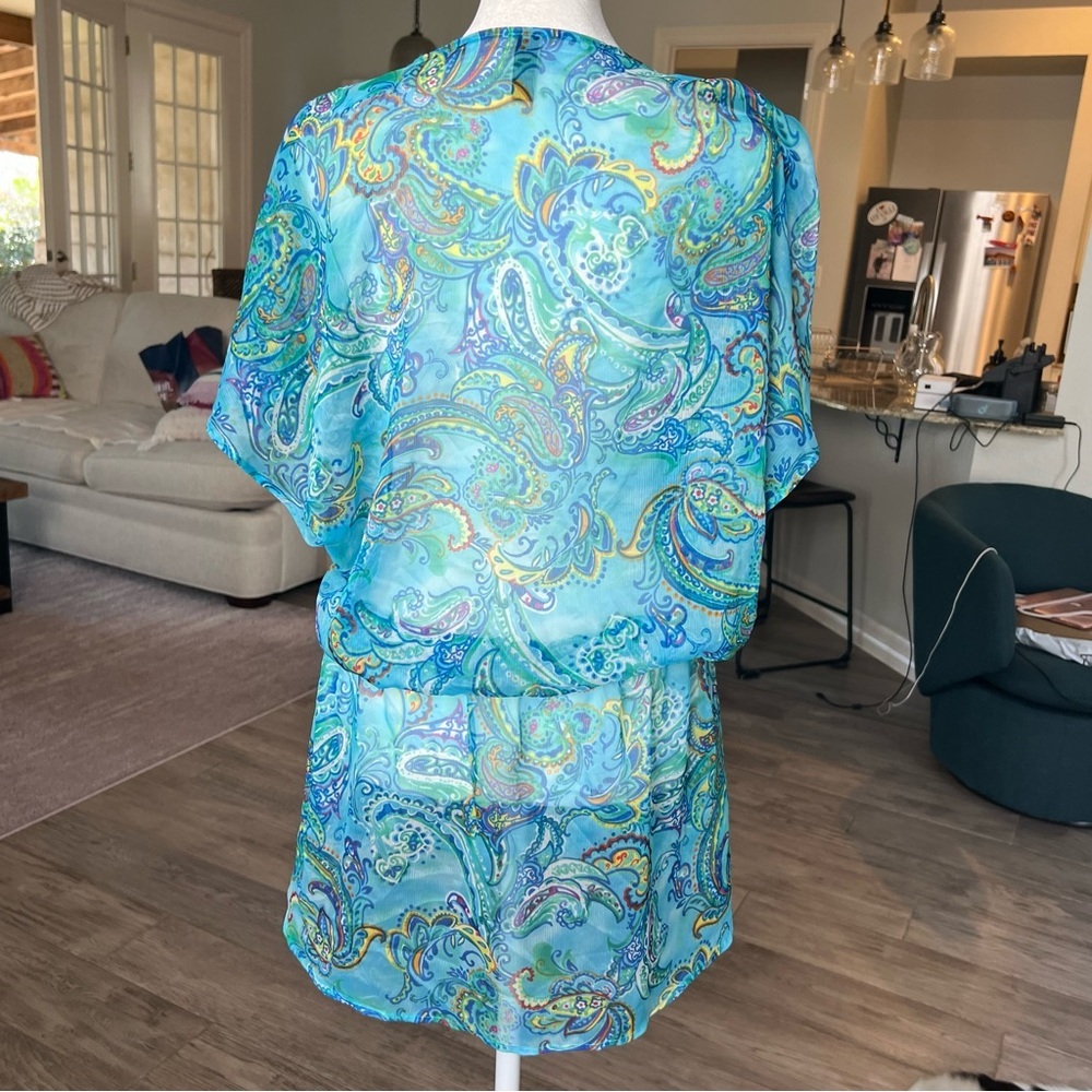 Lauren Ralph Lauren Sheer Blue/Green Paisley Swim Cover-Up Boho Dress Sz Medium - Picture 8 of 10
